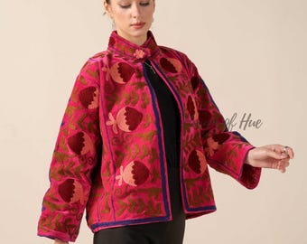 Velvet Suzani Embroidered Jacket, Boho Floral Short Coat