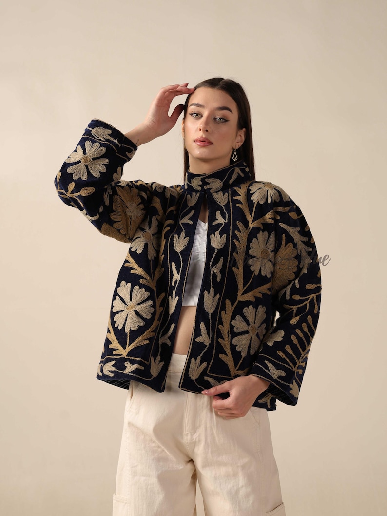 Handmade Velvet Suzani Embroidered Jacket for Women featuring artisan embroidery, boho style, ethnic outerwear, comfortable layering piece, perfect for fall, winter, festivals, travel, and unique gifts.