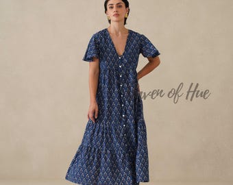 Indigo Blue Floral V Neck Midi Dress, Block Print Flutter Sleeve Tiered Cotton Dress | Button-Down Front Summer Resort Wear Women Clothing