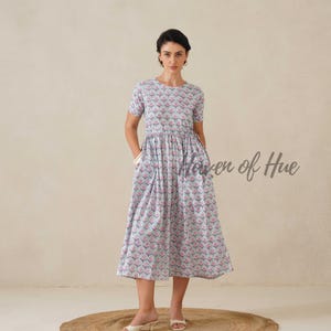 Hand Block Print Cotton Womens Midi Dress, Waist Tie Fit, Pockets, Ethical Summer #2