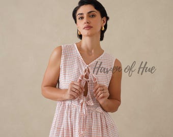 Vestido midi de verano de algodón sin mangas con estampado de bloques para mujer, estilo bohemio informal y holgado, ideal como regalo.