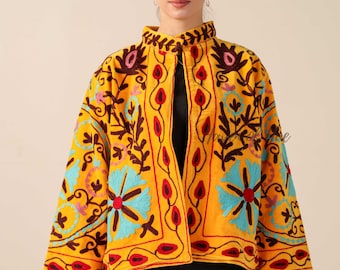 Chaqueta de terciopelo bordada Suzani hecha a mano / Abrigo folclórico bohemio