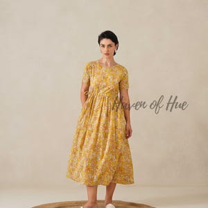 Hand Block Print Cotton Womens Midi Dress, Waist Tie Fit, Pockets, Ethical Summer #7