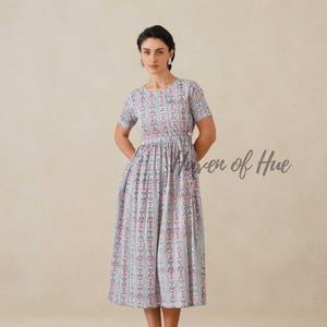 Hand Block Print Cotton Womens Midi Dress, Waist Tie Fit, Pockets, Ethical Summer #5