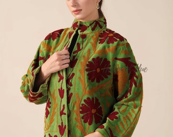 Chaqueta de terciopelo Suzani bordada a mano - Abrigo floral bohemio