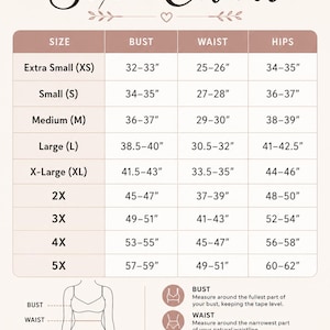 The image is a size chart that provides measurements for bust, waist, and hips, along with corresponding bra sizes. The chart includes illustrations of different bust, waist, and hip measurements for each size, along with corresponding bra sizes. The chart also includes instructions for measuring around the fullest part of the bust, waist, and hips to ensure accurate measurements.