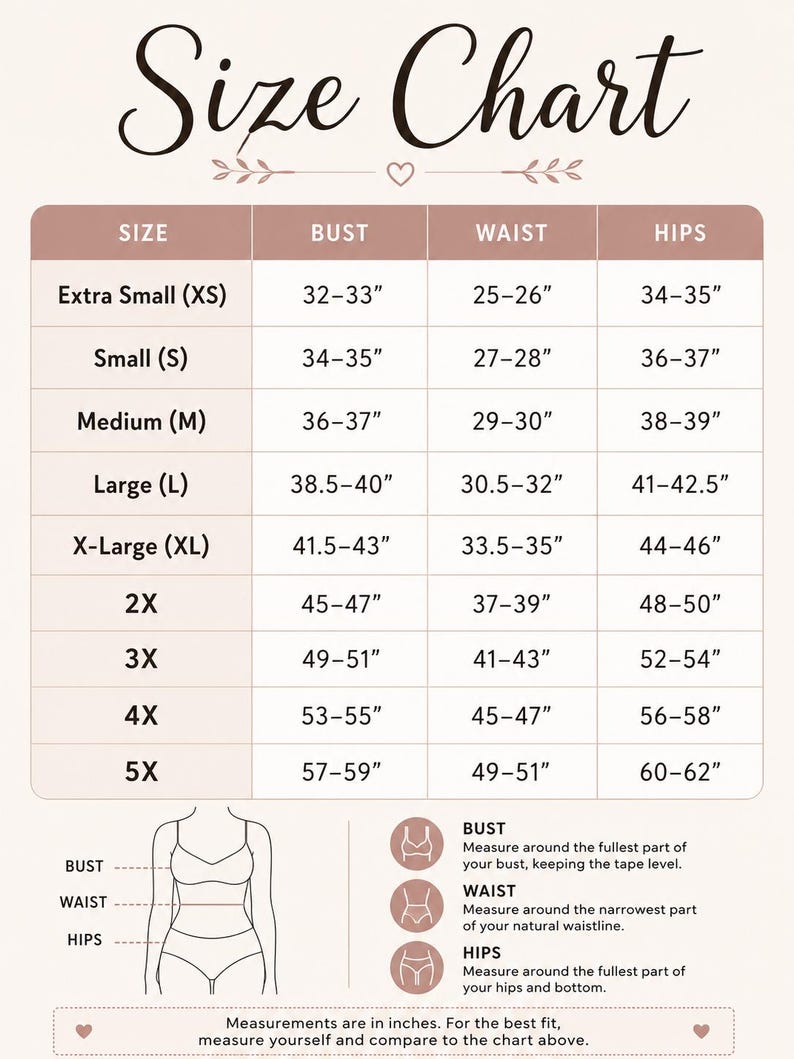 The image is a size chart that provides measurements for bust, waist, and hips, along with corresponding bra sizes. The chart includes illustrations of different bust, waist, and hip measurements for each size, along with corresponding bra sizes. The chart also includes instructions for measuring around the fullest part of the bust, waist, and hips to ensure accurate measurements.
