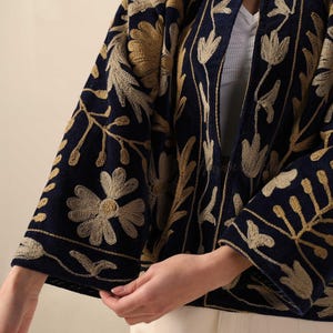 Handmade Velvet Suzani Embroidered Jacket for Women featuring artisan embroidery, boho style, ethnic outerwear, comfortable layering piece, perfect for fall, winter, festivals, travel, and unique gifts.