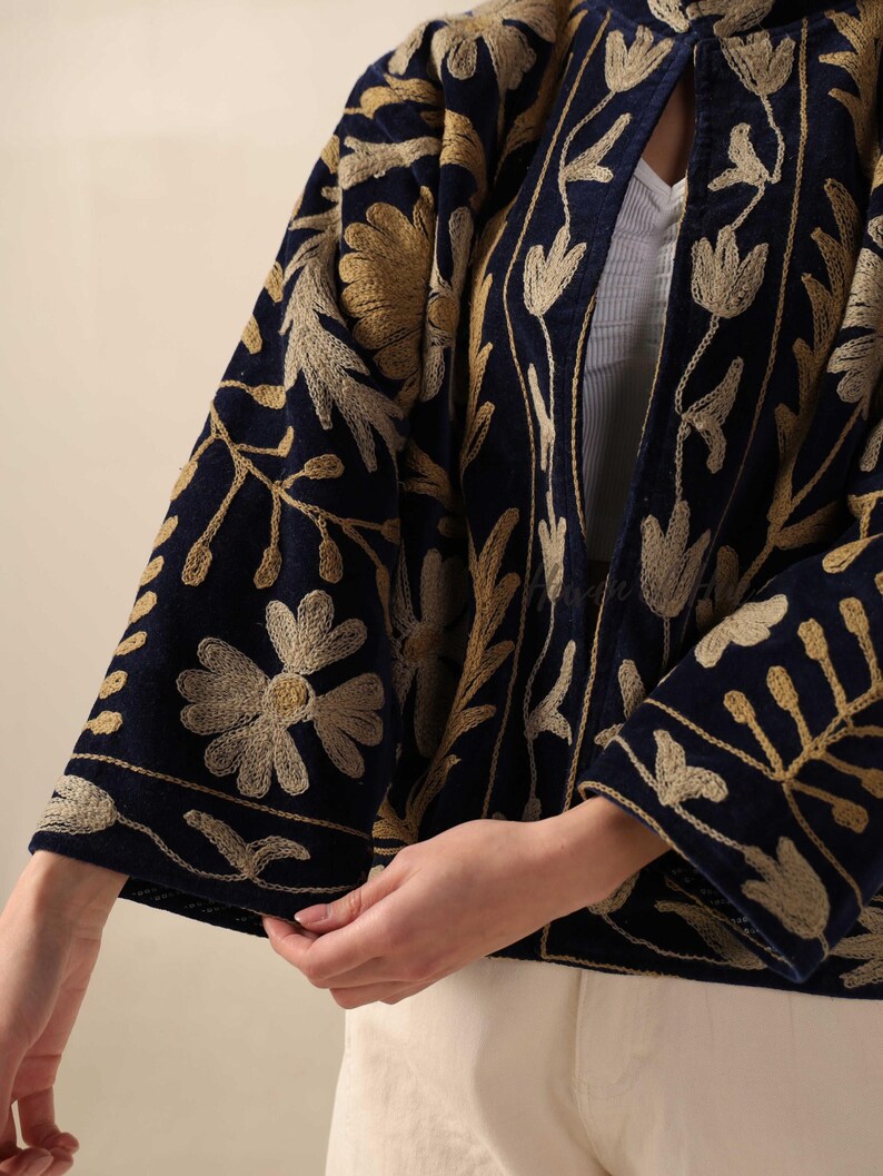 Handmade Velvet Suzani Embroidered Jacket for Women featuring artisan embroidery, boho style, ethnic outerwear, comfortable layering piece, perfect for fall, winter, festivals, travel, and unique gifts.