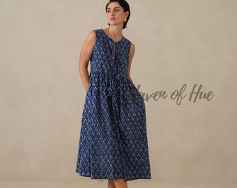 Hand Block Printed Cotton Midi Dress: Sleeveless, Floral Boho, Pockets, Women's Summer Casual