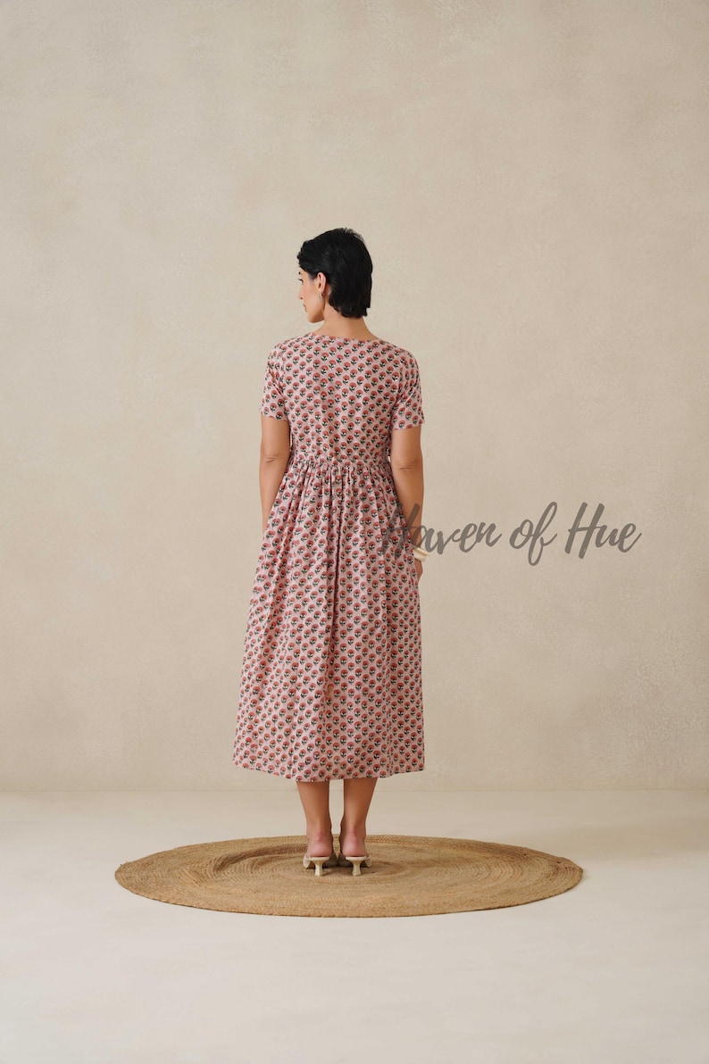Hand Block Print Cotton Womens Midi Dress, Waist Tie Fit, Pockets, Ethical Summer image 5