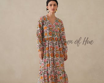 Hand Block Printed Cotton Midi Dress – Boho Floral Summer Style