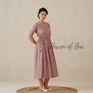 Hand Block Print Cotton Womens Midi Dress, Waist Tie Fit, Pockets, Ethical Summer image 4