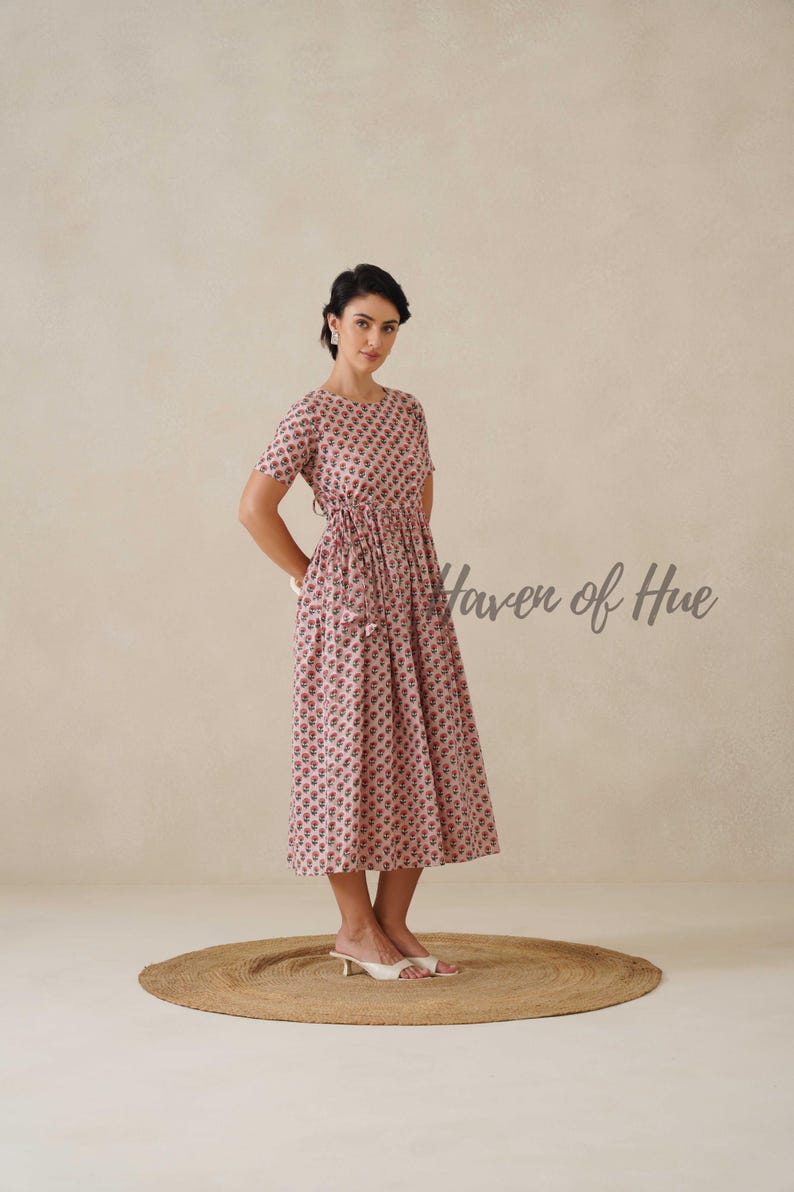 Hand Block Print Cotton Womens Midi Dress, Waist Tie Fit, Pockets, Ethical Summer image 4