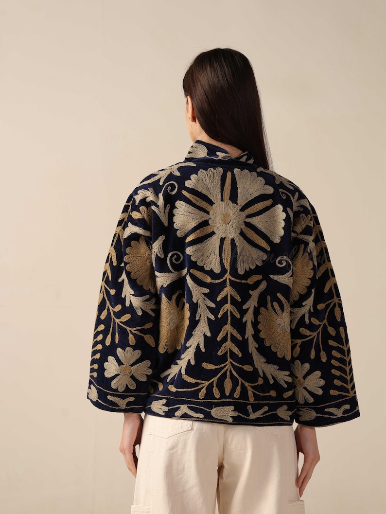 Handmade Velvet Suzani Embroidered Jacket for Women featuring artisan embroidery, boho style, ethnic outerwear, comfortable layering piece, perfect for fall, winter, festivals, travel, and unique gifts.