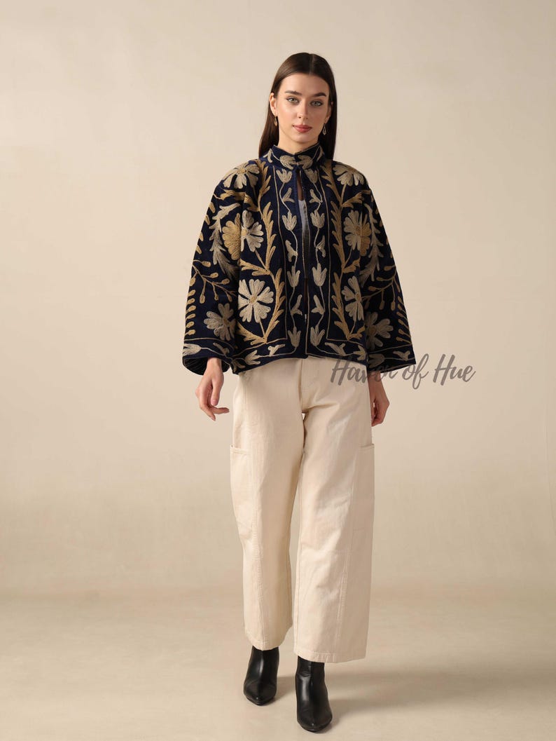 Handmade Velvet Suzani Embroidered Jacket for Women featuring artisan embroidery, boho style, ethnic outerwear, comfortable layering piece, perfect for fall, winter, festivals, travel, and unique gifts.