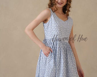 Hand Block Printed Cotton Midi Dress, Sleeveless Summer Casual A-Line Silhouette