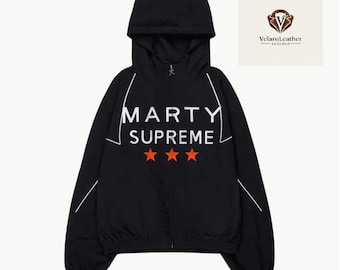Handmade Marty Supreme Zip Up Hoodie for Men – Black Block Hoodie, Streetwear Jacket with Hood, Timothée Chalamet Look
