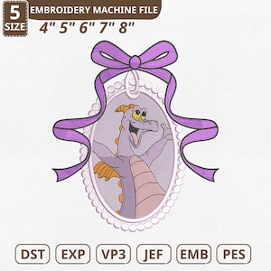 May include: An embroidery machine file featuring a purple dragon character within an oval frame, adorned with a purple bow and ribbon. The file sizes are 4", 5", 6", 7", and 8". The file formats include DST, EXP, VP3, JEF, EMB, and PES.