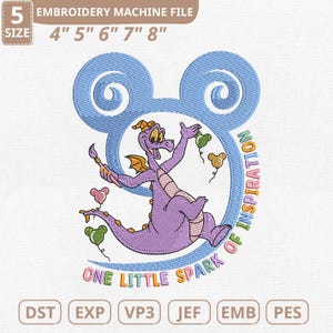 May include: An embroidery machine file featuring a purple dragon with yellow wings, holding a paintbrush and surrounded by colorful balloons. The design is set within a blue Mickey Mouse-shaped frame, with the text "ONE LITTLE SPARK OF INSPIRATION". Available in sizes 4" to 8".