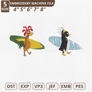 Op de afbeelding: Borduurmachinebestand met twee stripfiguren: een haan en een pinguïn, elk op een surfplank. De haan is bruin, geel en groen, de pinguïn is zwart en wit. Bestandsgroottes variëren van 10,16 cm tot 20,32 cm.
