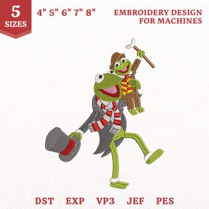 May include: Machine embroidery design featuring a green frog character wearing a gray coat, red and white scarf, and holding a gray top hat, while carrying a smaller frog in a brown suit and hat holding a bone. Text reads 5 SIZES 4" 5" 6" 7" 8" EMBROIDERY DESIGN FOR MACHINES DST EXP VP3 JEF PES.