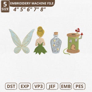 May include: An embroidery machine file featuring whimsical designs. The image includes a set of fairy wings, a fairy, a potion bottle, and a mushroom house. The file sizes are 4", 5", 6", 7", and 8" in size. The file formats are DST, EXP, VP3, JEF, EMB, and PES.