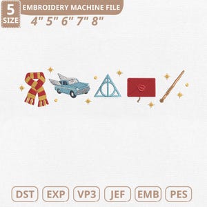 May include: An embroidery machine file featuring a scarf, a flying car, a triangle symbol, a red envelope, and a wand. The file sizes are 10.16cm, 12.7cm, 15.24cm, 17.78cm, and 20.32cm. File formats include DST, EXP, VP3, JEF, EMB, and PES.