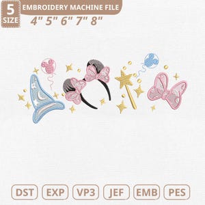 May include: An embroidery machine file with playful designs. Includes a blue wizard hat, Minnie Mouse ears with a pink bow, a gold star wand, and a pink bow. The file sizes are 10.16cm, 12.7cm, 15.24cm, 17.78cm, and 20.32cm.