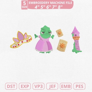 May include: An embroidery machine file featuring a tiara, a chameleon in a pink dress, two sun-shaped designs, and a tower. The text "EMBROIDERY MACHINE FILE" and size options are displayed. File formats include DST, EXP, VP3, JEF, EMB, and PES.