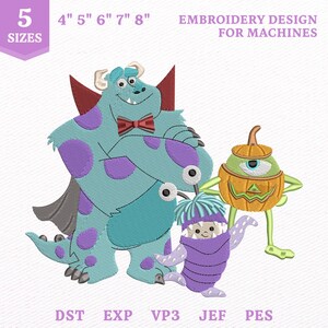 May include: Machine embroidery design featuring a large blue monster with purple spots wearing a red bowtie and cape, a small purple monster, and a green one-eyed monster inside a pumpkin. Text includes 5 SIZES, 4" 5" 6" 7" 8", EMBROIDERY DESIGN FOR MACHINES, DST, EXP, VP3, JEF, PES.