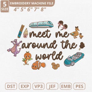 Può includere: Un file per macchina da ricamo con la scritta "meet me around the world" circondata da illustrazioni di cartoni animati, tra cui un treno, un gelato, un drago e un'auto. Dimensioni file: 10.16cm, 12.7cm, 15.24cm, 17.78cm e 20.32cm.