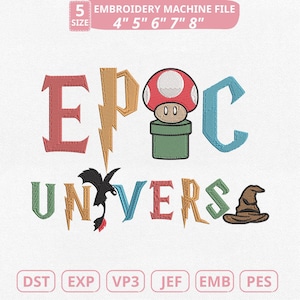Puede incluir: Un diseño de archivo de máquina de bordar con las palabras "EPIC UNIVERSE" en varios colores. El diseño incluye un hongo, un dragón y un sombrero seleccionador. Tamaños de archivo: 10 cm, 13 cm, 15 cm, 18 cm y 20 cm.