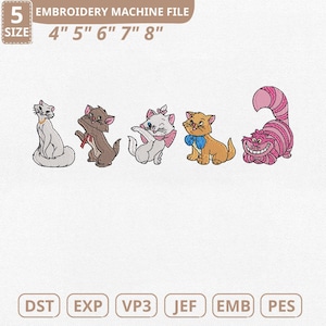 May include: An embroidery machine file featuring five cartoon cat designs. The file sizes are 4", 5", 6", 7", and 8". The designs include a white cat, a brown cat, a white cat with a pink bow, an orange cat with a blue bow, and a pink striped cat.