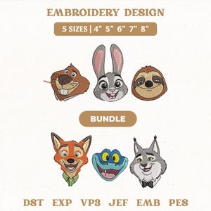 May include: An embroidery design bundle featuring six cartoon animal faces: a beaver, a rabbit, a sloth, a fox, a snake, and a lynx. The text reads EMBROIDERY DESIGN, 5 SIZES | 4" 5" 6" 7" 8", BUNDLE, and file formats DST, EXP, VP3, JEF, EMB, PES.