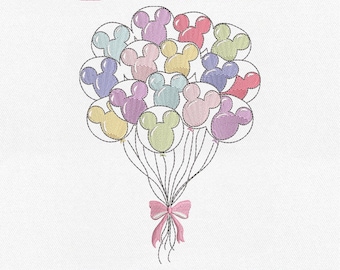 Puede incluir: Un archivo de máquina de bordar con un ramo de globos con forma de Mickey Mouse en varios colores pastel. El diseño incluye un lazo rosa y el texto "EMBROIDERY MACHINE FILE" con tamaños de 10 cm a 20 cm. Formatos de archivo: DST, EXP, VP3, JEF, EMB y PES.