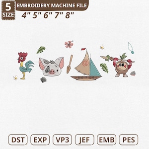 May include: An embroidery machine file featuring cartoon characters, a rooster, pig, sailboat, and coconut character. The file sizes are 4", 5", 6", 7", and 8" in height. The file formats include DST, EXP, VP3, JEF, EMB, and PES.
