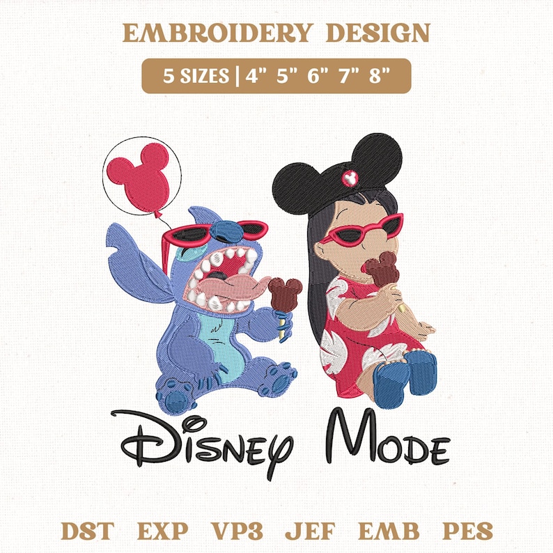 K&ouml;nnte beinhalten: Ein Stickmuster mit Stitch und Lilo, die rote Sonnenbrillen tragen und Mickey-f&ouml;rmige Leckereien essen. Stitch h&auml;lt einen roten Mickey-Ballon. Text: EMBROIDERY DESIGN, 5 SIZES | 4" 5" 6" 7" 8", Disney Mode, DST, EXP, VP3, JEF, EMB, PES.