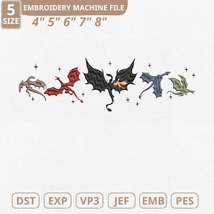 May include: An embroidery machine file featuring five stylized dragons in various colors: brown, red, black, blue, and green. The file sizes range from 4 to 8 inches. The image includes file type abbreviations: DST, EXP, VP3, JEF, EMB, and PES.