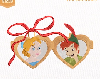May include: An embroidery design for machines featuring two heart-shaped frames connected by a red ribbon bow. One frame contains a blonde character with a blue bow, and the other contains a character in a green hat. Text includes 5 SIZES 4" 5" 6" 7" 8" EMBROIDERY DESIGN FOR MACHINES DST EXP VP3 JEF PES.