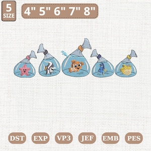 May include: An embroidery design featuring five cartoon fish in clear bags. The fish include a starfish, a black and white fish, an orange fish, a blue fish, and a yellow fish. The design includes size options from 4" to 8".