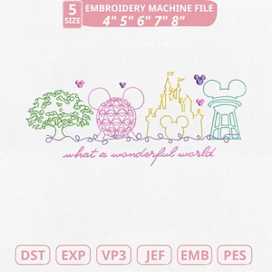 May include: An embroidery machine file with a colourful design including a tree, a geometric sphere, a castle, and a water tower. The design includes the text "what a wonderful world". Available in sizes 10.16cm, 12.7cm, 15.24cm, 17.78cm, and 20.32cm.