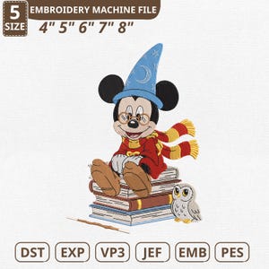 May include: An embroidery machine file featuring a cartoon mouse wearing a wizard hat, scarf, and glasses, sitting on books with an owl. The file sizes are 4", 5", 6", 7", and 8". The text "EMBROIDERY MACHINE FILE" and "SIZE" are also present.