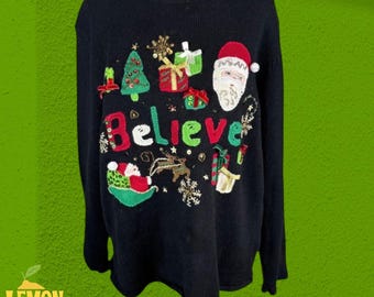 Vintage 90s Tiara International Ugly Christmas Sweater Santa Embroidered XL
