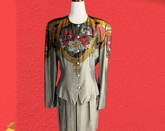 Vintage Donna Morgan Floral Baroque Two Piece Jacket And Skirt Set Size 8