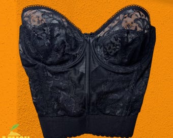 Bustier de encaje negro vintage de los años 90 / Top corsé gótico Y2K sin tirantes con aros y espalda baja 34D