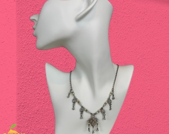 Vintage 925 Sterling Silver Filigree Dangle Bib Necklace With Beaded Drops 18"
