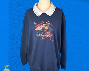 VTG Bobbie Brooks Womens XL Collared Navy Blue Embroidered Christmas Sweatshirt