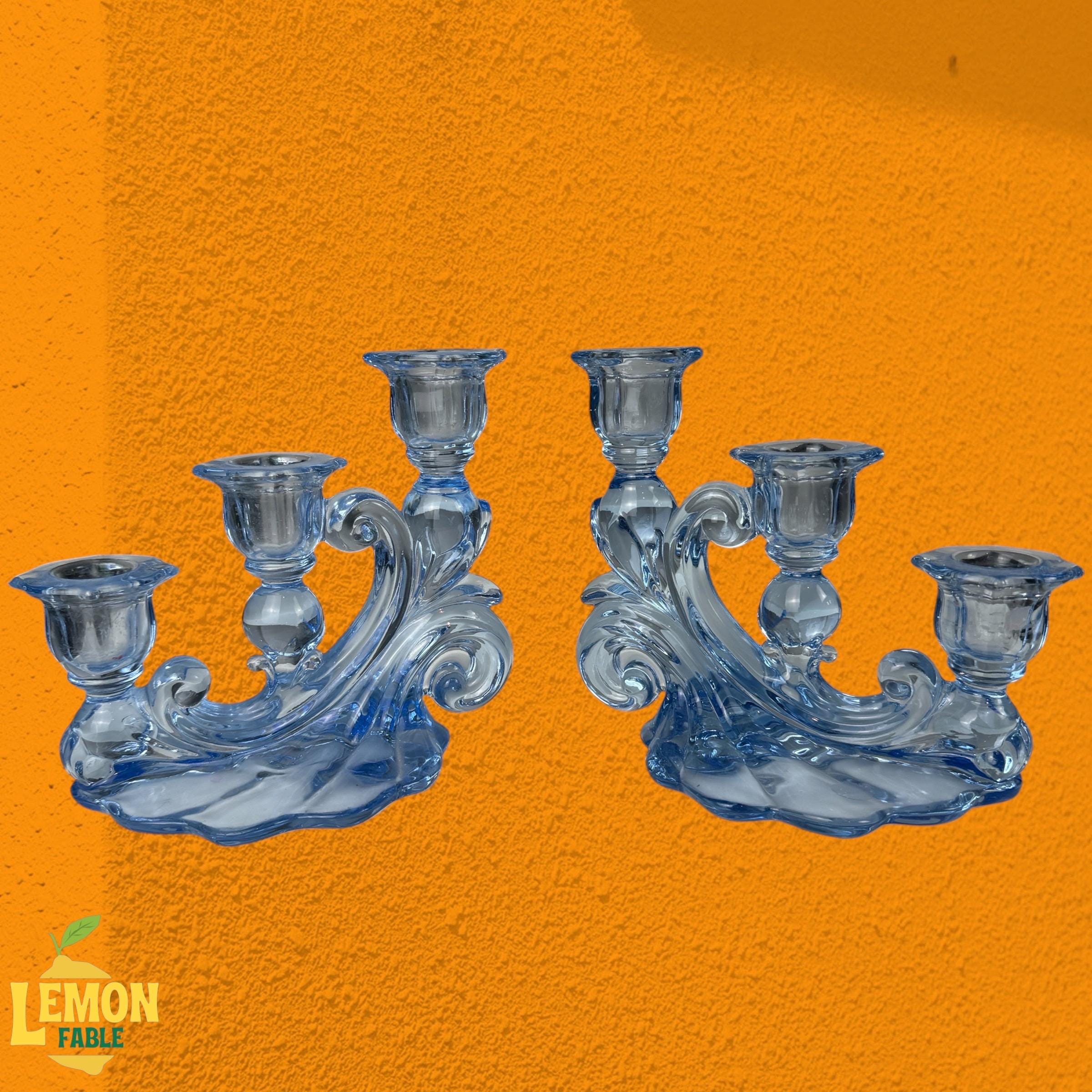 Depression Glass Candlesticks Blue - Etsy display picture 1