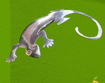 Vintage Sterling Silver Lizard Brooch Pin Curved Tail and Whimsical Details